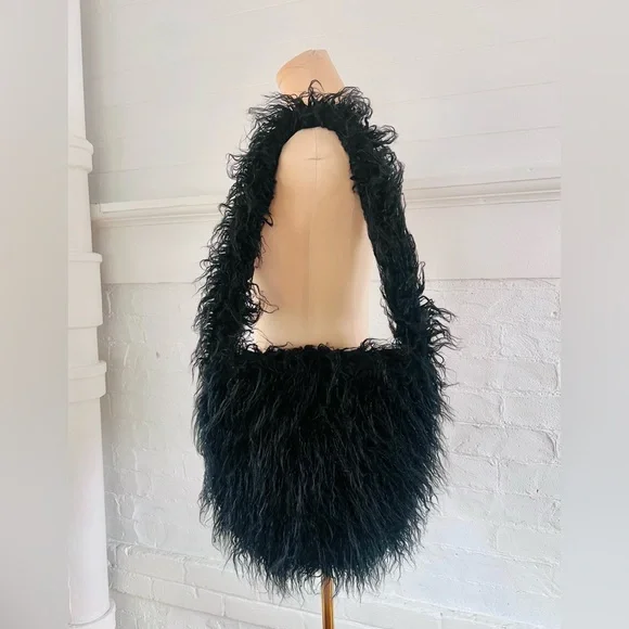 Dolls Kill Widow Faux Fur Bag Black Long Hair Furry Vegan Mongolian Lamb NWOT - Picture 1 of 13